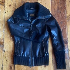 Mackage Black Leather Jacket with Ribbed Accents